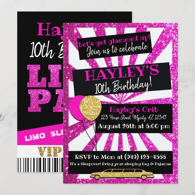 Limo Party VIP Pass Rosa und Gold Glitzer Einladun Einladung (Vorne/Hinten)