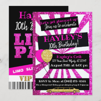 Limo Party VIP Pass Rosa und Gold Glitzer Einladun Einladung