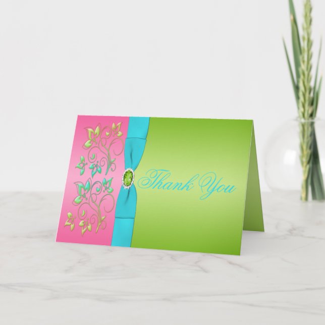 Limon, rosa und Aqua Floral Danke Karte (Vorderseite)