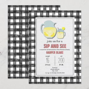 Limonade Grau Gingham Sip & See Baby-Einladung Einladung