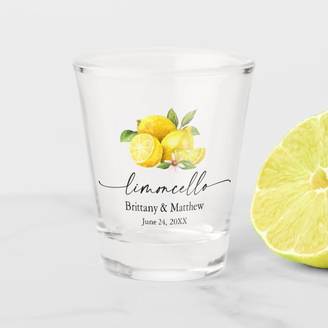 Limoncello Calligrafy Ink Wasserfarben Zitronen Schnapsglas (Vorderseite)