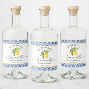 Limoncello Calligraphy Blue Tile Watercolor Lemon Alkoholflaschenetikett