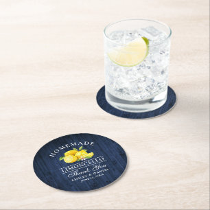 Limoncello Hochzeit Blaues Imitat Holz Runder Pappuntersetzer