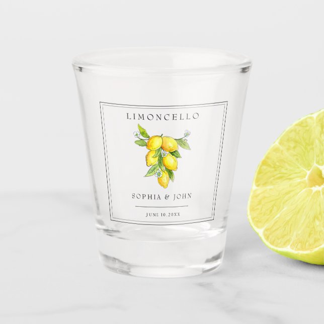 Limoncello Watercolor Lemons Gastgeschenk Hochzeit Schnapsglas (Vorderseite)