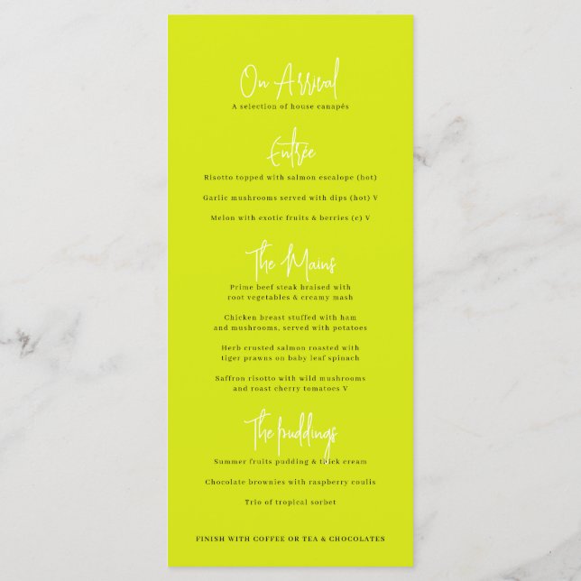 Limone Blütenskizze Mono Hochzeit Menükarte (Rückseite)