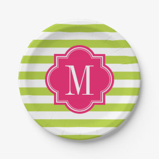 Limone grüne Streifen mit heißes Rosa-Monogramm Pappteller