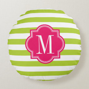 Limone grüne Streifen mit heißes Rosa-Monogramm Rundes Kissen