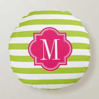 Limone grüne Streifen mit heißes Rosa-Monogramm Rundes Kissen