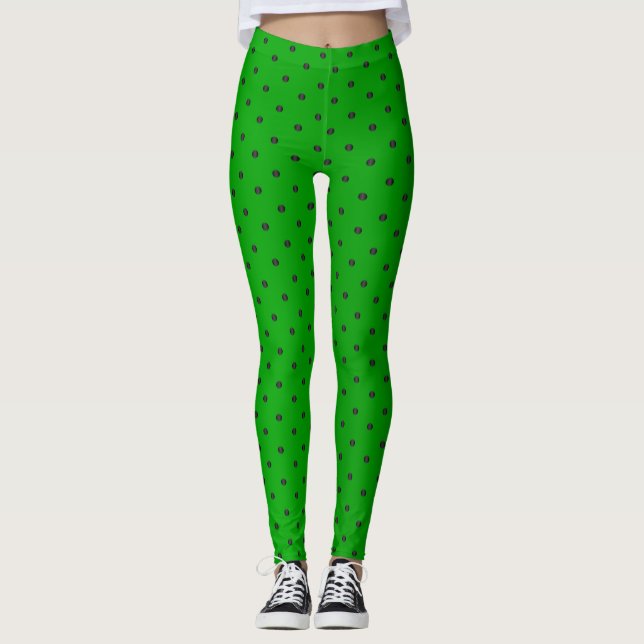 Limone grüne und schwarze Polka-Punkte Leggings (Vorderseite)