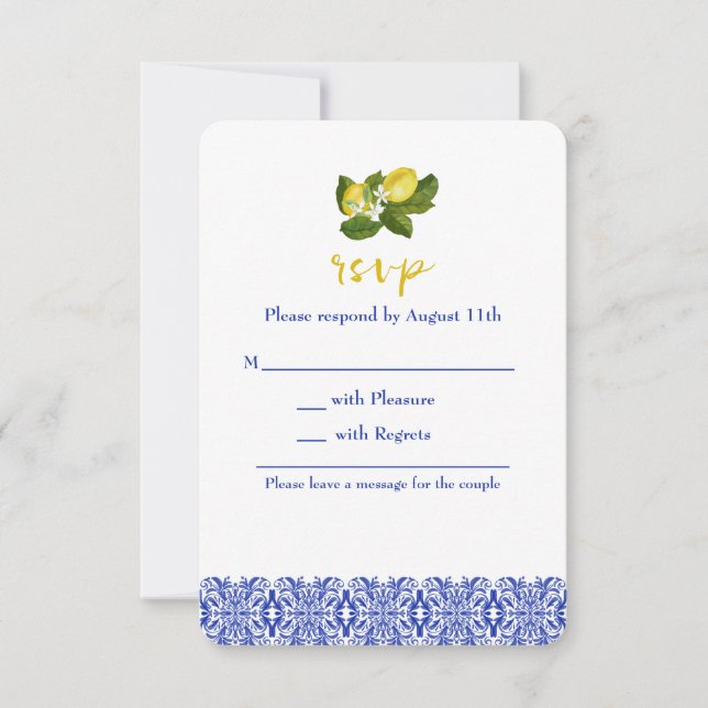 Limone I Italian Lemon & Blue Tile RSVP Card Einladung (Vorderseite)