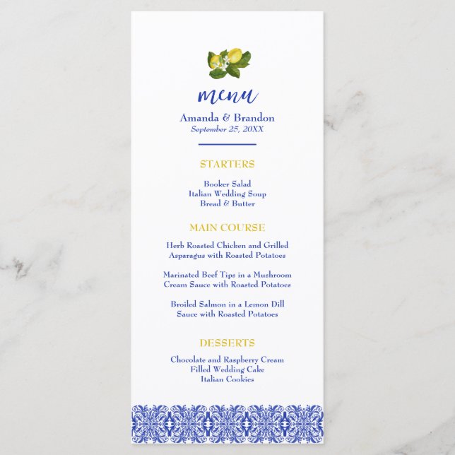 Limone I Italian Lemon & Blue Tile Wedding Menu Menükarte (Vorderseite)