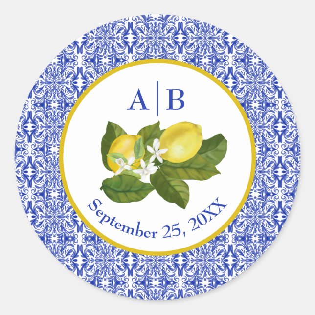 Limone I Italienisch Lemon & Blue Tile Couple Stic Runder Aufkleber (Vorderseite)