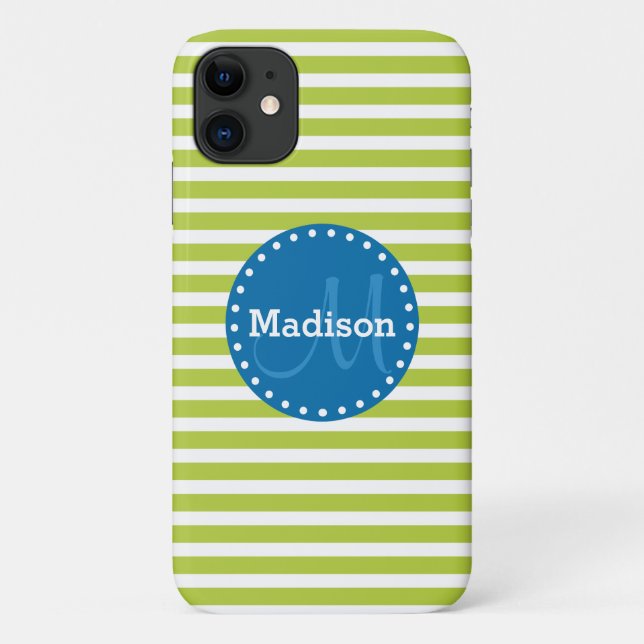Limone Streifen Blaues Monogramm Case-Mate iPhone Hülle (Rückseite)