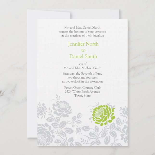 Limone und graue Damaskus-Hochzeitseinladungen Einladung (Vorderseite)