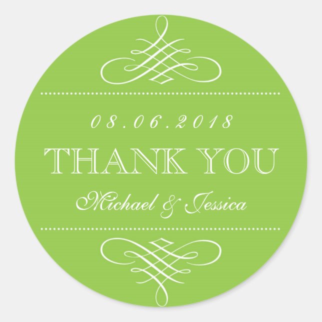 Limonengrüne Wirbel Curl-Ornament-Hochzeitskleber Runder Aufkleber (Vorderseite)