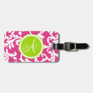 Limoner grüner und rosa mit Monogramm Damast-Druck Gepäckanhänger