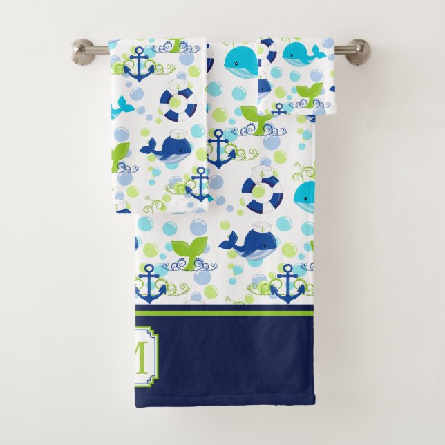Limones grünes Marine-Blau-Seemuster-Monogramm Badhandtuch Set (Insitu)