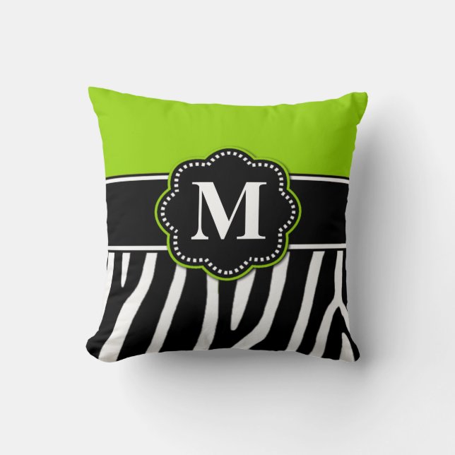 Limones grünes Zebra-Druck-Monogramm-Kissen Kissen (Vorderseite)