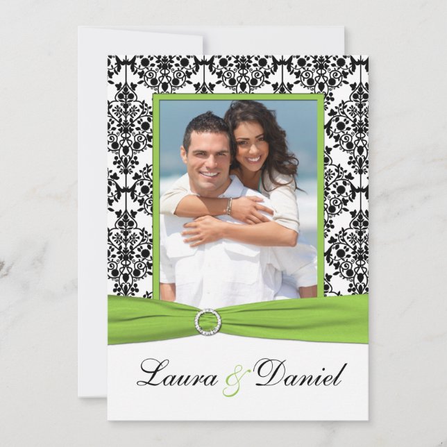 Limones, weißes, Black Damask Foto Hochzeitsempfan Einladung (Vorderseite)
