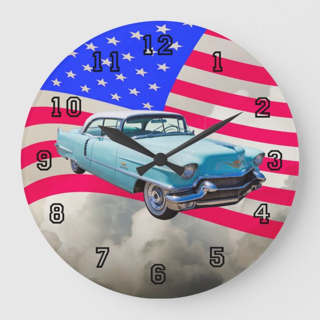 Limousine 1956 Deville Cadillac und amerikanische Große Wanduhr (Vorderseite)