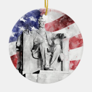 Lincoln Memorial Aquarell mit amerikanischer Flagg Keramik Ornament