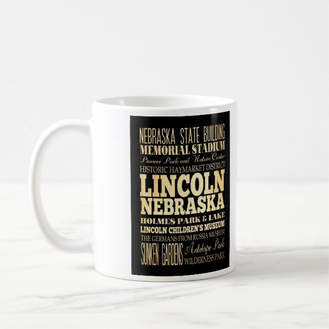 Lincoln-Stadt der Nebraska-Typografie-Kunst Kaffeetasse (Links)