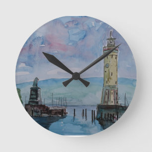 Lindau mit Löwe und Lighttower auf Bodensee Runde Wanduhr