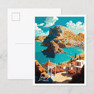 Lindos Griechenland Kunst Vintage Reiseillustratio Postkarte