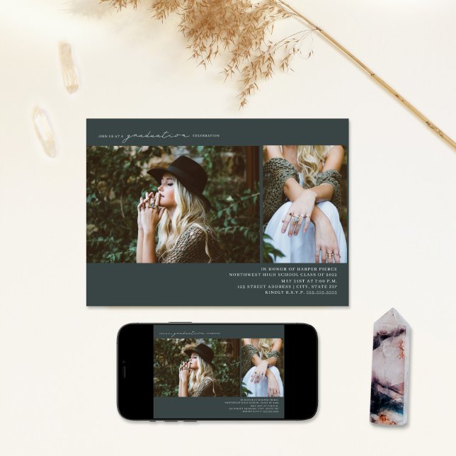 Line Art 2 Foto Emerald Graduation Party Einladung (Von Creator hochgeladen)