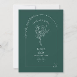 Line Art Arch Bouquet Emerald Wedding Save The Date