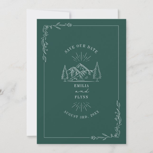 Line Art Berge Aquamarine Hochzeit retten das Datu Save The Date (Vorderseite)