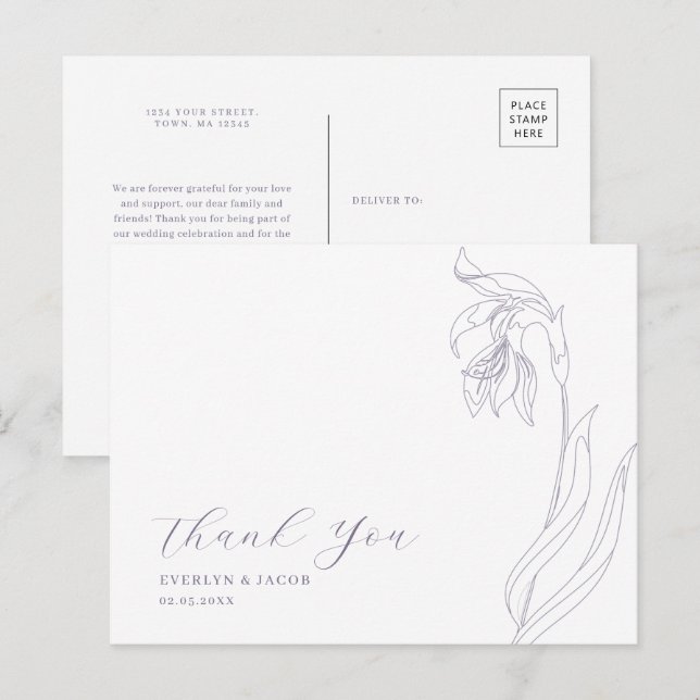 Line Art Blume Lavender Danke Postcard Einladungspostkarte (Vorne/Hinten)