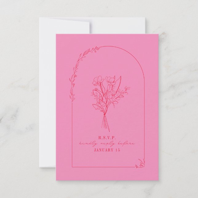 Line Art Bouquet Arch Rosa Red Wedding RSVP Karte (Vorderseite)