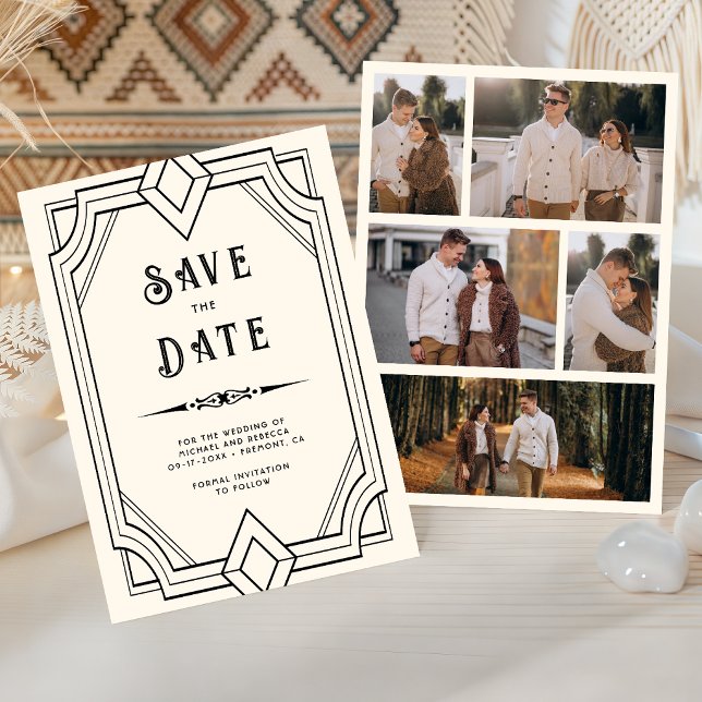 Line Art Deco Schwarz Creme Hochzeit Save the Date (Von Creator hochgeladen)