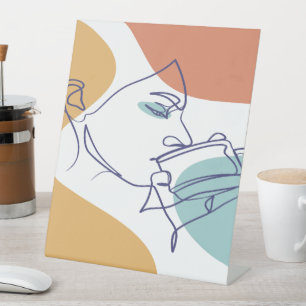 line art drawing poster of woman drinking coffee sockelschild
