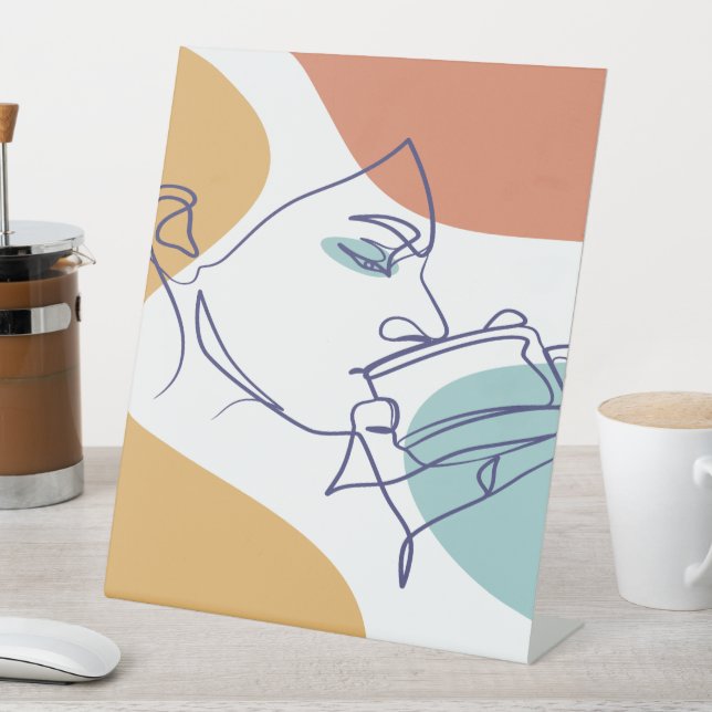 line art drawing poster of woman drinking coffee   sockelschild (In Situ)