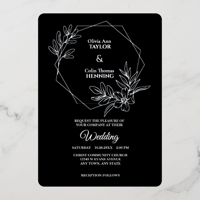 Line Art Floral Foto Hochzeit Silberfolie laden Folieneinladung (Vorderseite)