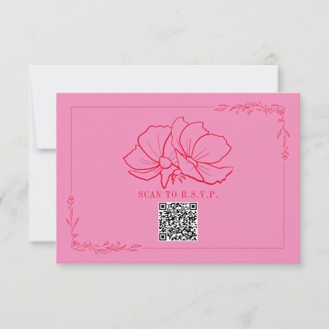 Line Art Floral Pink + Red Wedding RSVP Karte (Vorderseite)
