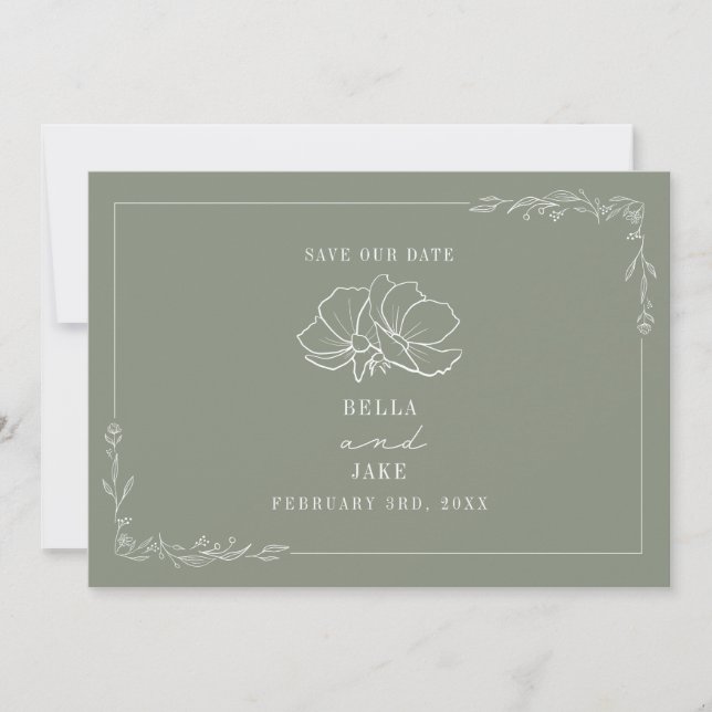 Line Art Floral Wedding Sage Green Save the Date (Vorderseite)