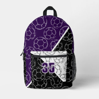 Line-Art-Fußbälle auf lila-schwarzen Farbblöcken Bedruckter Rucksack