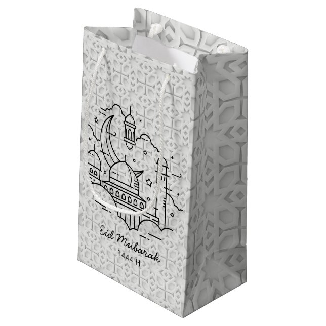 Line Art Happy EID Moubarak Blanc Petit Cadeau Sac (Dos Angle)