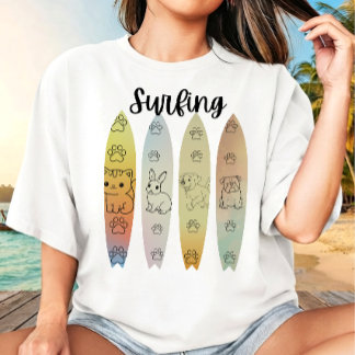 Line-Art-Haustier-Surfing-Surfbrett T-Shirt