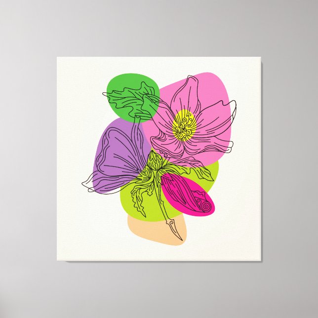 Line Art Hibisken Blume mit hellen Punkten Leinwanddruck (Vorderseite)