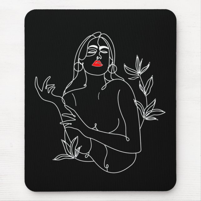 Line Art illustriert. Frau in Schwarz-Weiß Mousepad (Vorne)