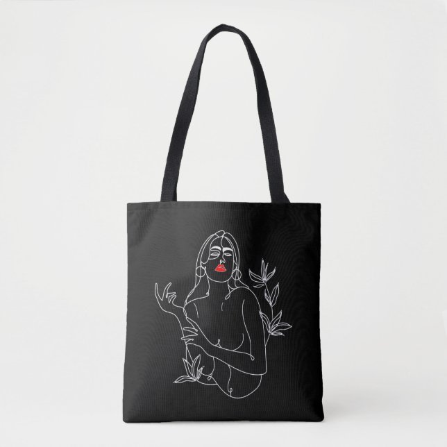 Line Art illustriert. Frau in Schwarz-Weiß Tasche (Vorderseite)