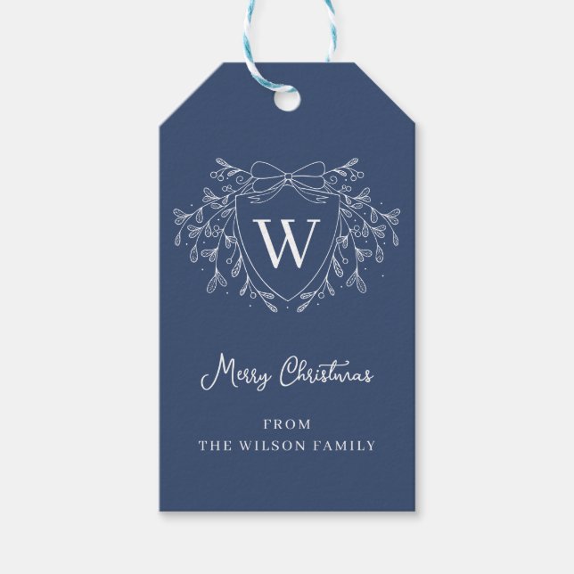 Line art mistletoblue & white Christmas Wappen Geschenkanhänger (Vorderseite)
