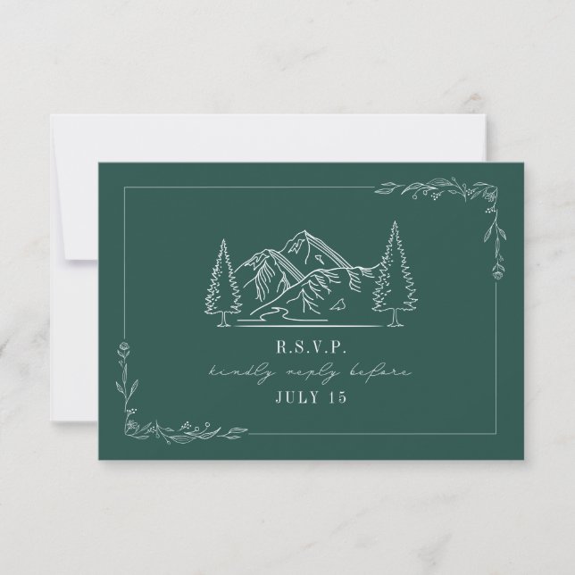 Line Art Mountains Aquamarin Wedding RSVP Karte (Vorderseite)