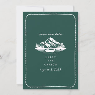 Line Art Mountains Canoe Emerald Wedding Save The Date