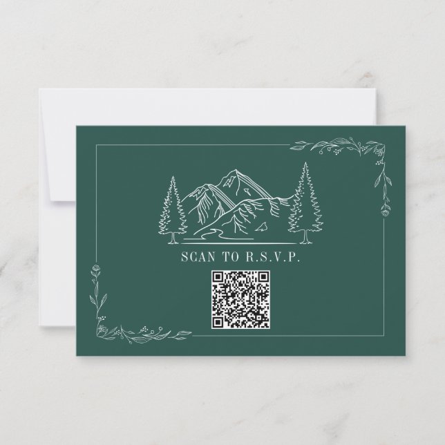 Line Art Mountains Emerald QR Code Wedding RSVP (Devant)