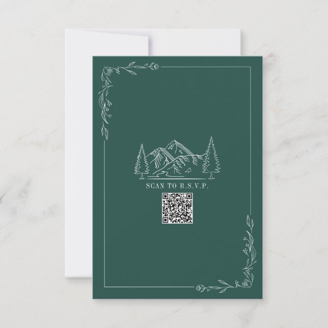 Line Art Mountains Emerald QR Code Wedding RSVP Karte (Vorderseite)